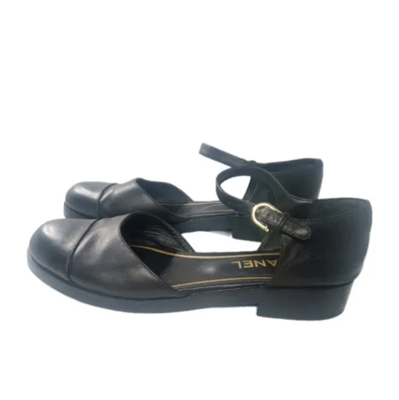 Chanel Mary Jane Black Leather Flats Women's Shoes Size 41 C Vintage