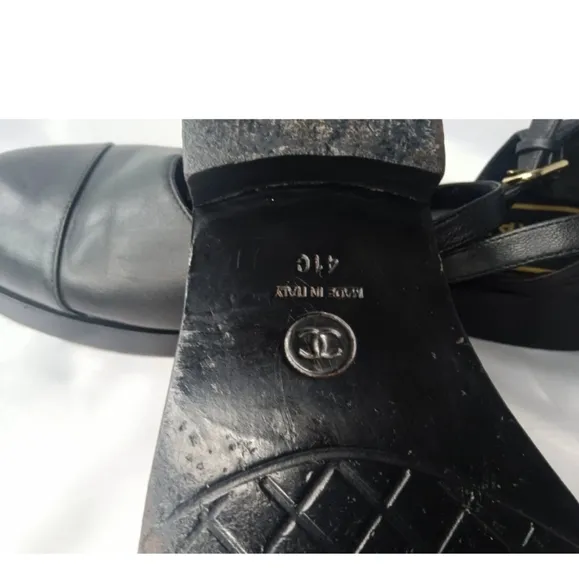 Chanel Mary Jane Black Leather Flats Women's Shoes Size 41 C Vintage