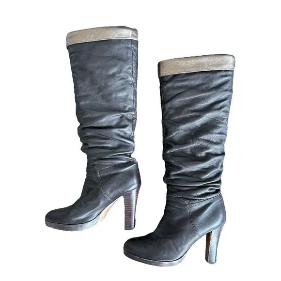 Charles David Womens Brown Leather Boots Knee High Gold Slouch Heels Shoes 9 B