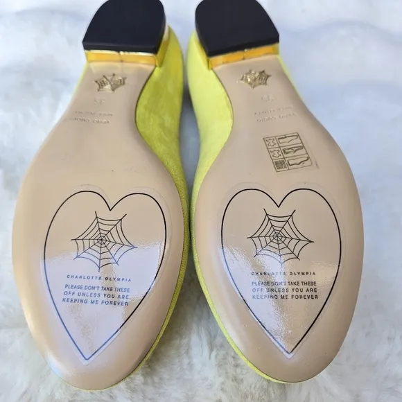 CHARLOTTE OLYMPIA Charlotte's Web Yellow Green Velvet Spider Loafers Size 35