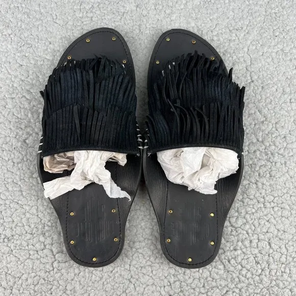Charlotte Stone Odell Sandals Women 6 Shoes Black Fringe Suede Thong Flats Slide