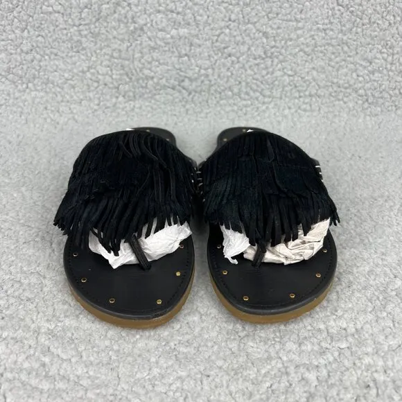 Charlotte Stone Odell Sandals Women 6 Shoes Black Fringe Suede Thong Flats Slide