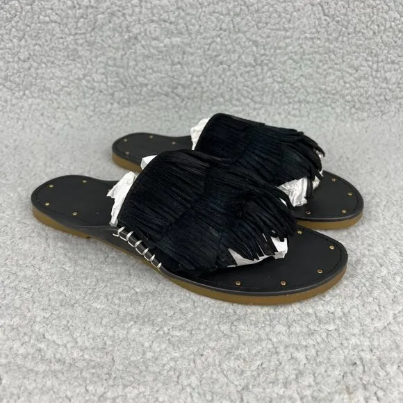 Charlotte Stone Odell Sandals Women 6 Shoes Black Fringe Suede Thong Flats Slide