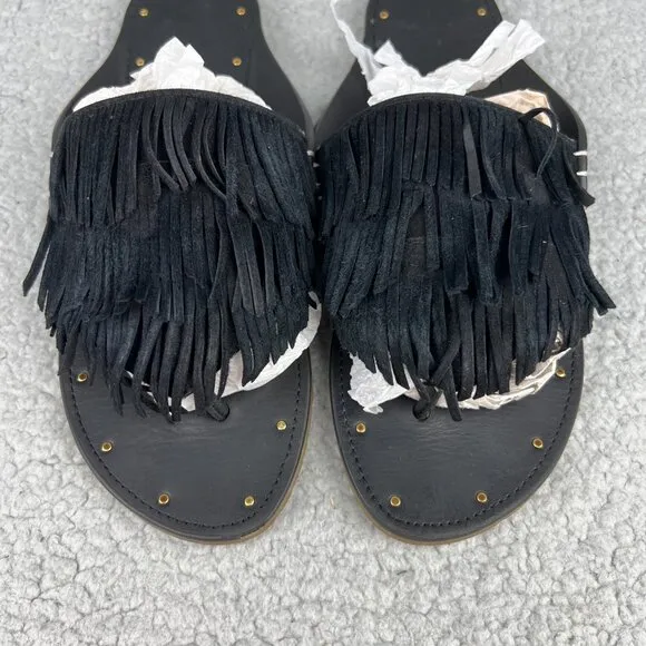 Charlotte Stone Odell Sandals Women 6 Shoes Black Fringe Suede Thong Flats Slide