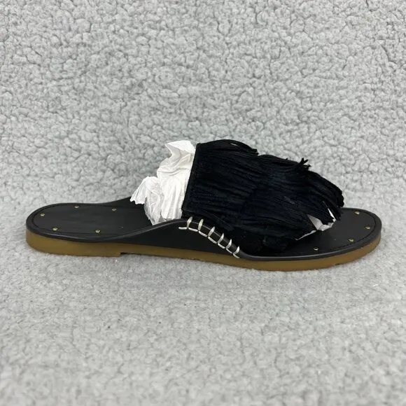 Charlotte Stone Odell Sandals Women 6 Shoes Black Fringe Suede Thong Flats Slide