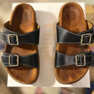 CHLOE Black Slides Dad Sandals! MARAH Style Two Buckles! EUC! 38