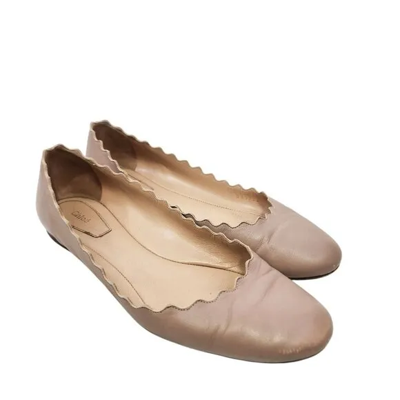 Chloe Lauren Scalloped Leather Ballet Flats Shoes Women's Size 37.5/7.5 Pink Tea