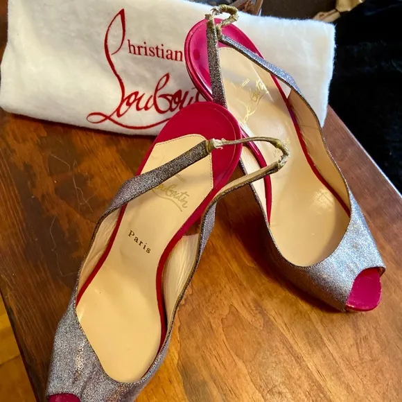 Christian Louboutin Silver Peep Toe Slingbacks