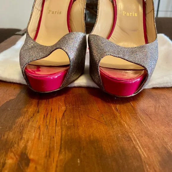 Christian Louboutin Silver Peep Toe Slingbacks