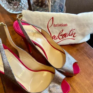 Christian Louboutin Silver Peep Toe Slingbacks