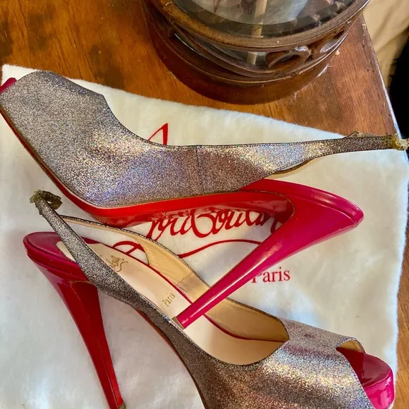 Christian Louboutin Silver Peep Toe Slingbacks