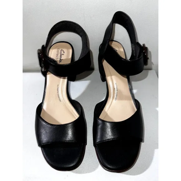 CLARKS Shoes Women's Size 9.5M Black Leather Buckle Accent Ambyrlyn Ruby Sandal