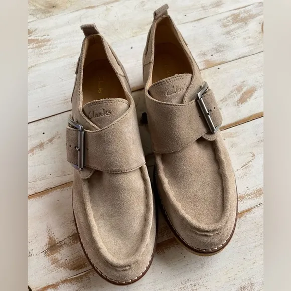 CLARKS suede Eden Mid Monk sand tan size 9 women’s NWOB preppy casual leather
