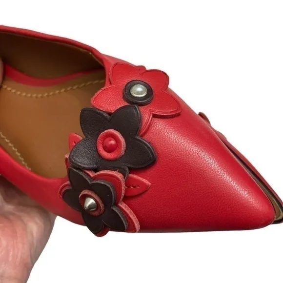 Coach 3D floral red leather flats shoes 5