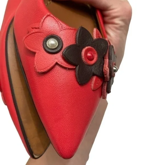 Coach 3D floral red leather flats shoes 5