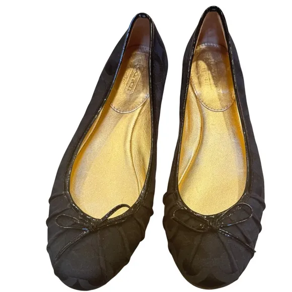 Coach Ballet Flats Black Monogram Bow Detail Shoes Size 7B EUC