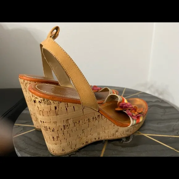 Coach Espadrille Wedge Sandals with Flowers SZ 8 Brown