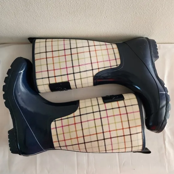 Coach Pearl Plaid Navy Blue Women's  Rain Boots Size 9B