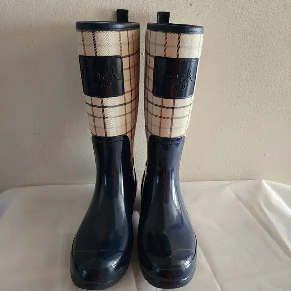 Coach Pearl Plaid Navy Blue Women's  Rain Boots Size 9B