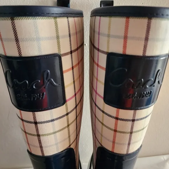 Coach Pearl Plaid Navy Blue Women's  Rain Boots Size 9B