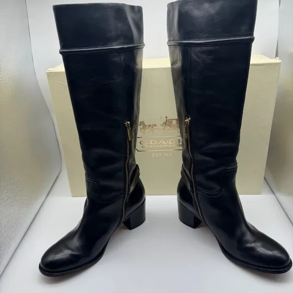 Coach Stacy Leather Riding Boots Block Heel Knee High Black Sz 7.5 Equestrian