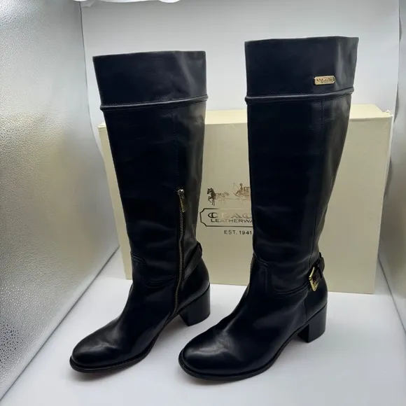 Coach Stacy Leather Riding Boots Block Heel Knee High Black Sz 7.5 Equestrian