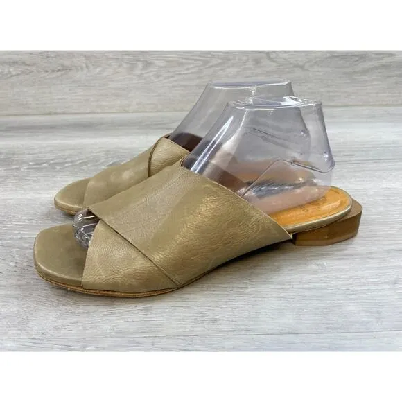 Coclico Cammi Women's 9 Green Leather Slip-On Dual CrissCross Strap Slide Sandal