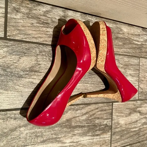 Cole Haan Red Patent Leather Peep Toe Heels with Cork Platform Size 10