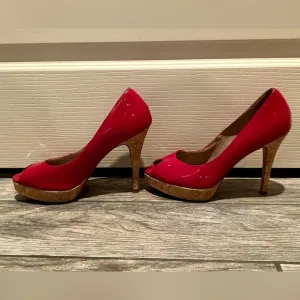Cole Haan Red Patent Leather Peep Toe Heels with Cork Platform Size 10