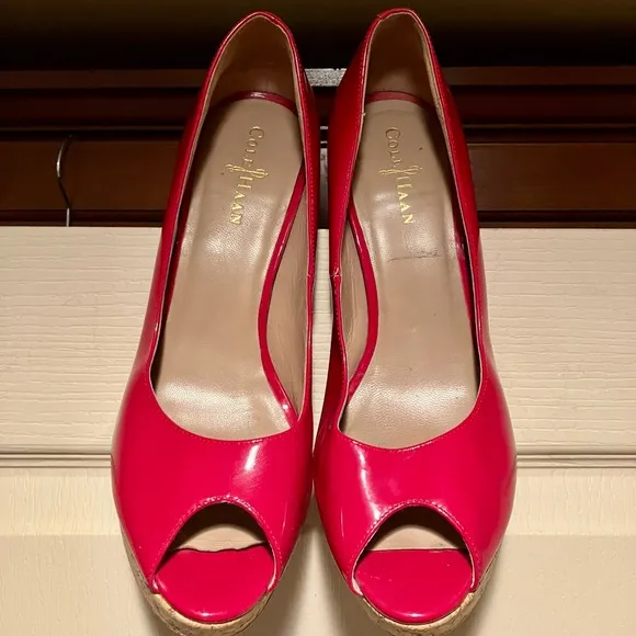 Cole Haan Red Patent Leather Peep Toe Heels with Cork Platform Size 10