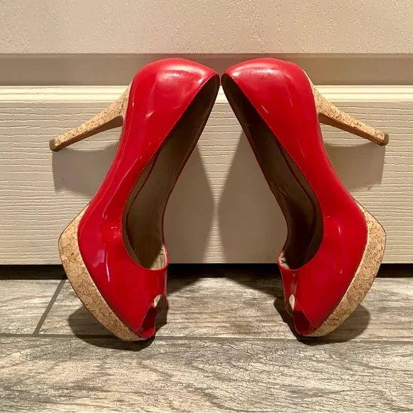 Cole Haan Red Patent Leather Peep Toe Heels with Cork Platform Size 10