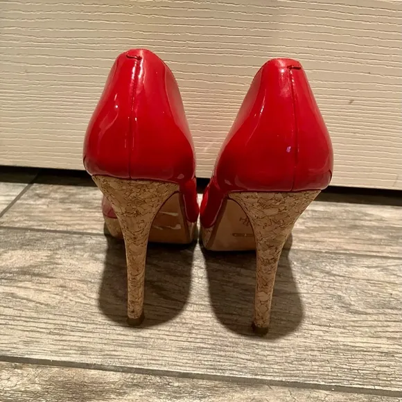 Cole Haan Red Patent Leather Peep Toe Heels with Cork Platform Size 10