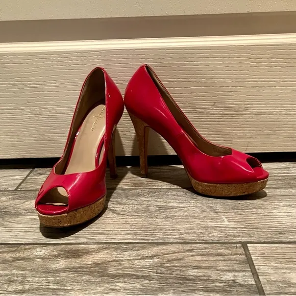 Cole Haan Red Patent Leather Peep Toe Heels with Cork Platform Size 10