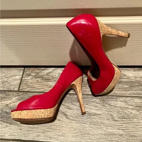 Cole Haan Red Patent Leather Peep Toe Heels with Cork Platform Size 10