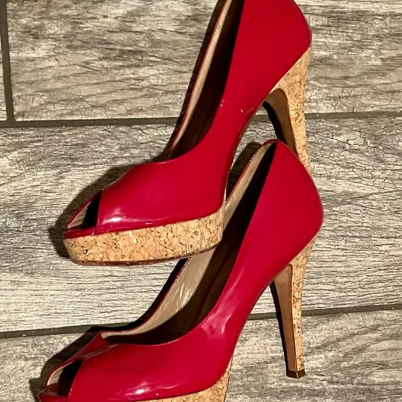 Cole Haan Red Patent Leather Peep Toe Heels with Cork Platform Size 10