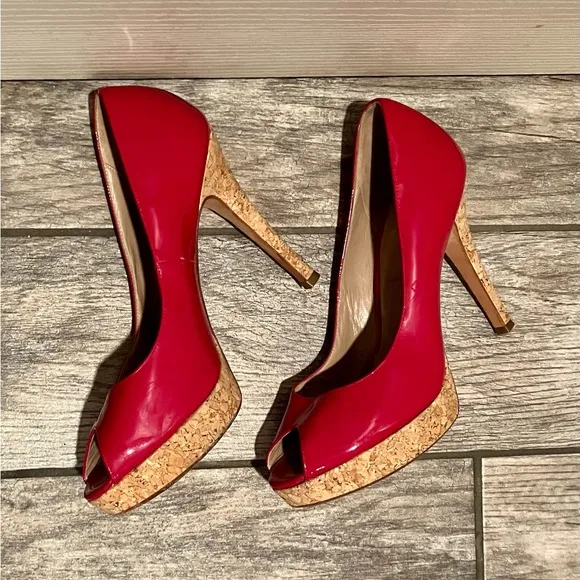Cole Haan Red Patent Leather Peep Toe Heels with Cork Platform Size 10