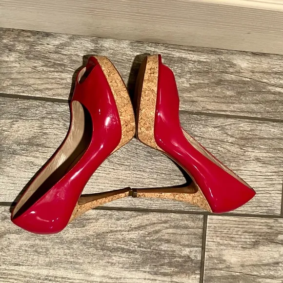 Cole Haan Red Patent Leather Peep Toe Heels with Cork Platform Size 10