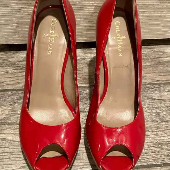 Cole Haan Red Patent Leather Peep Toe Heels with Cork Platform Size 10