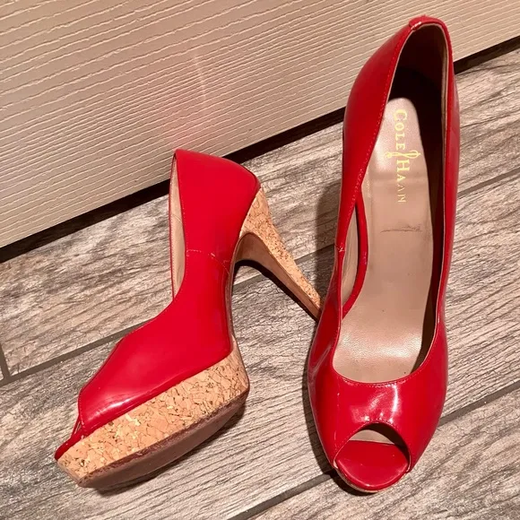 Cole Haan Red Patent Leather Peep Toe Heels with Cork Platform Size 10