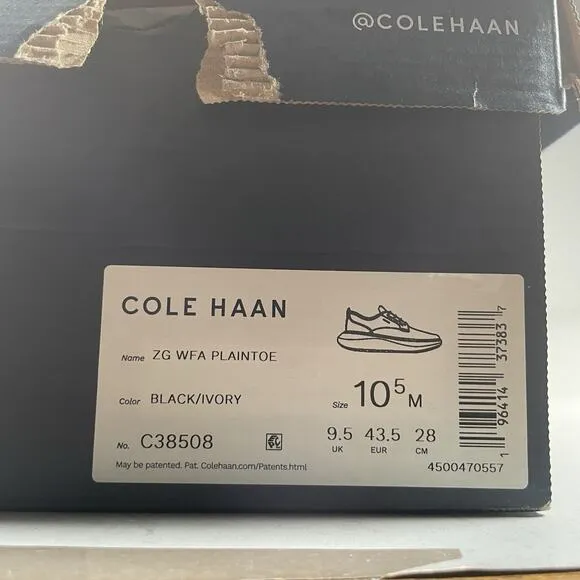 Cole Haan ZeroGrand WFA Plaintoe Mens 10.5 M Black Leather Casual Dress Shoe NEW