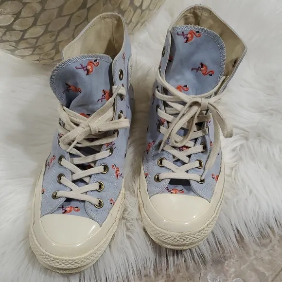 Converse Blue and White High-Top Chuck Taylor  Sneakers Flamingo  Design Sz 8