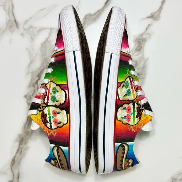 Converse Custom Hand Painted Skull Oaxaca Mexico Unique Vibrant Red Blue Sneaker