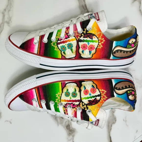 Converse Custom Hand Painted Skull Oaxaca Mexico Unique Vibrant Red Blue Sneaker