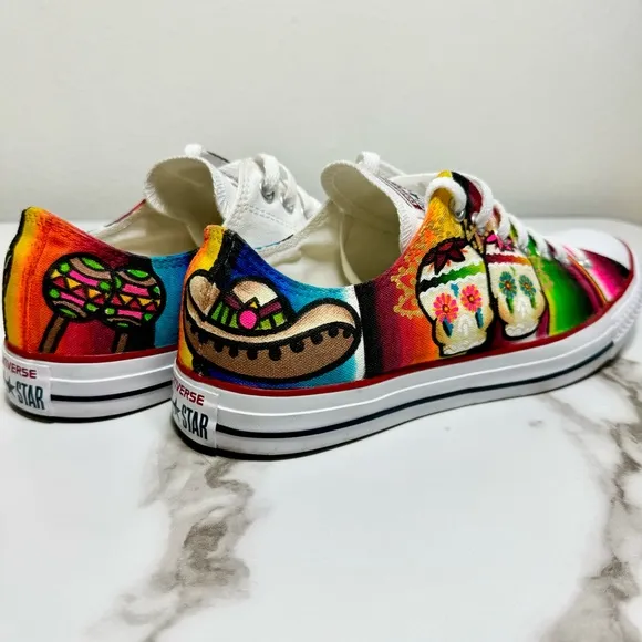 Converse Custom Hand Painted Skull Oaxaca Mexico Unique Vibrant Red Blue Sneaker