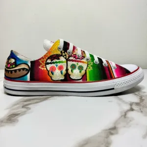 Converse Custom Hand Painted Skull Oaxaca Mexico Unique Vibrant Red Blue Sneaker