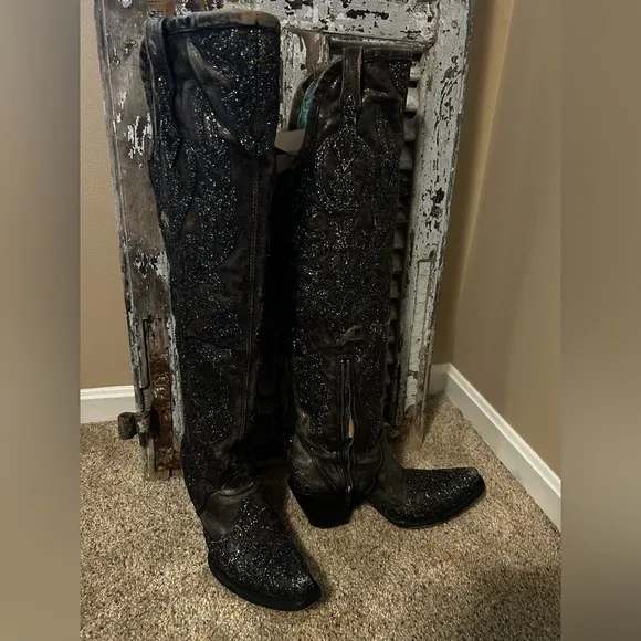 Corral over knee black pattern glitter Embellished Cowboy Boots