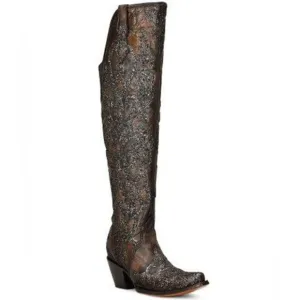 Corral over knee black pattern glitter Embellished Cowboy Boots