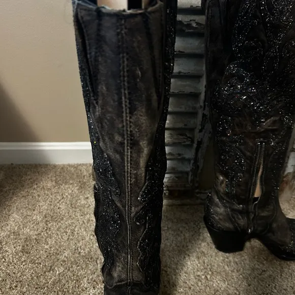 Corral over knee black pattern glitter Embellished Cowboy Boots