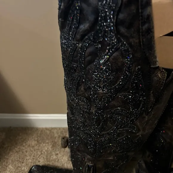 Corral over knee black pattern glitter Embellished Cowboy Boots