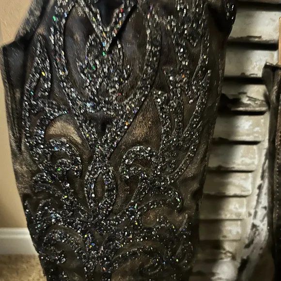 Corral over knee black pattern glitter Embellished Cowboy Boots
